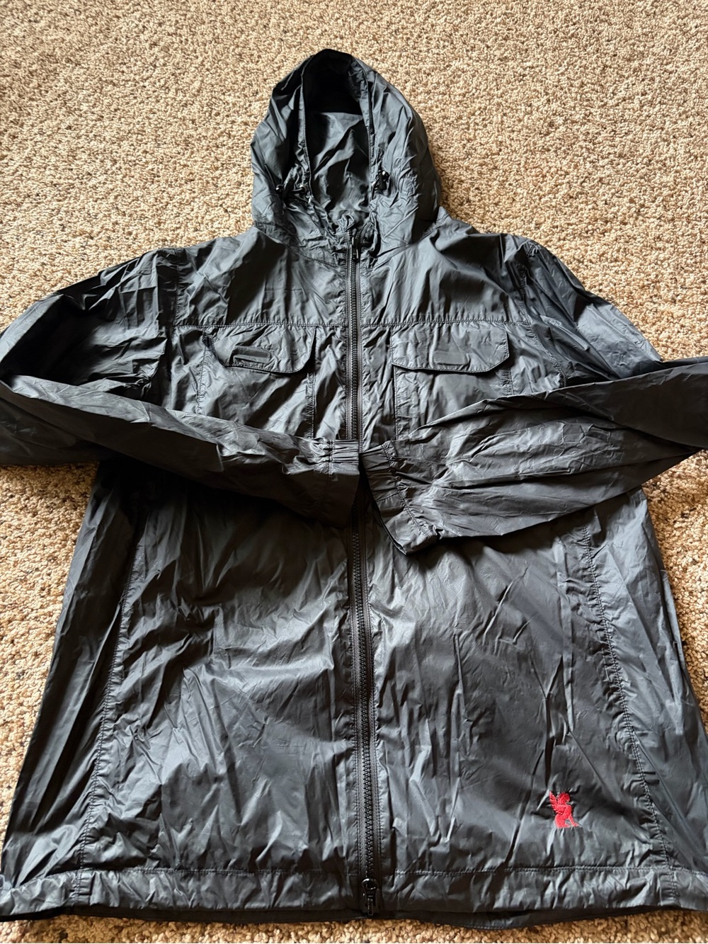 Men's Black Hooded Raincoat with Zip Closure
